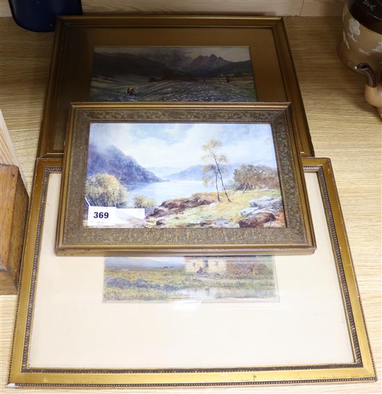 P.J. Bruman, watercolour, Cottage in a landscape, signed, 13 x 24cm, and two colour prints